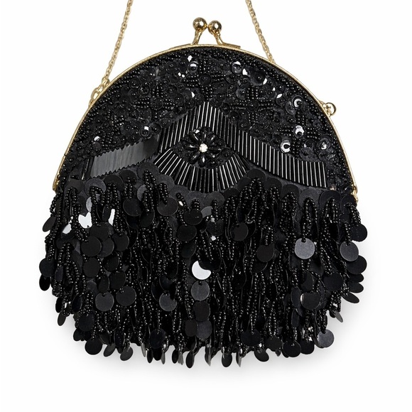 unbrand Handbags - Vintage Black Beaded Sequin Fringe Clutch 90’s style